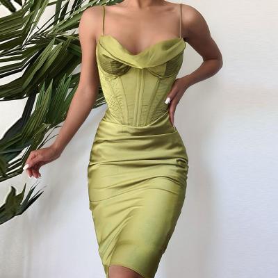 China 2 Layers Breathable Satin Boning Dresses Women Elegant Party Luxurious Lady Fancy Green Midi Dress For Women 2021 for sale