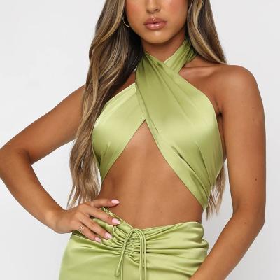 China 2021 spring summer satin fashion breathable halter cut cross crop wrap hot sexy tie wrap bandage top cropped tank top women for sale