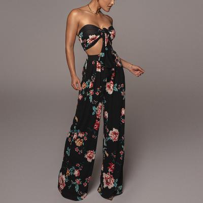 China Breathable Summer Casual Two Piece Knotted Tube Upper Wide Leg Pants Set Floral Flower Printed Women Pants Set 2021 for sale