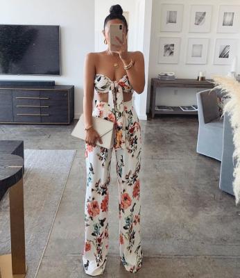 China Breathable Summer Apparel Floral Print Sexy Women Shoulder Crop Tube Pants Tie Top Two Piece Set for sale