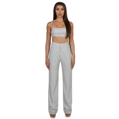 China Breathable Sexy Silver Crop Top Shiny Cloth Pants Women Club Teams 2021 Pants Female Two Piece Set for sale