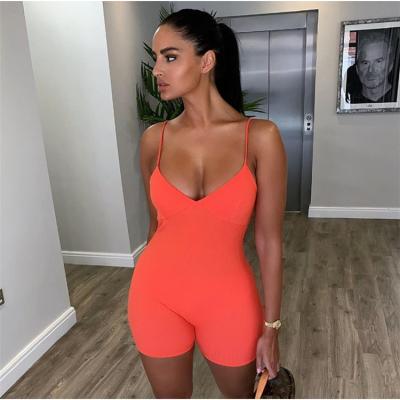 China Breathable Summer Sexy One Piece Ribbed Bodycon V-Neck Black Short Sleeveless Jumpsuits For Women for sale