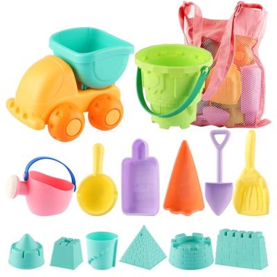 China Beach Fun Sand Enjoy Kids Beach Toys Toddlers Beach Sand Toy Set with Bucket Castle Molds and Mesh Bag Soft Plastic Material (14 Pcs) for sale