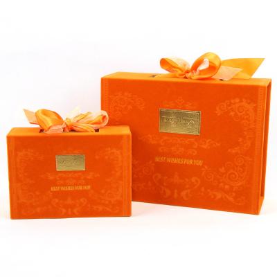 China Recycled Materials Custom Rigid Fold Box with Ribbon for Gift Packaging Luxury Flannel Surface Durable for sale