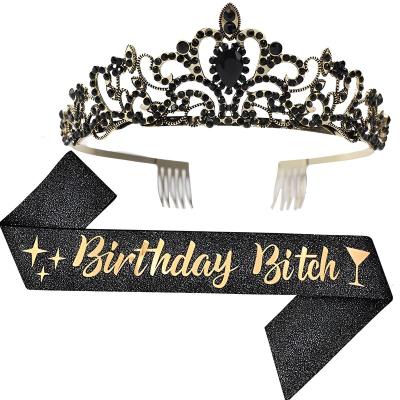 China Zinc Alloy Female +ployster Birthday Sash and Crown Tiara Kit - Black Glitter Birthday Girl Queen Sash Gifts for Women Birthday Party Supplies for sale