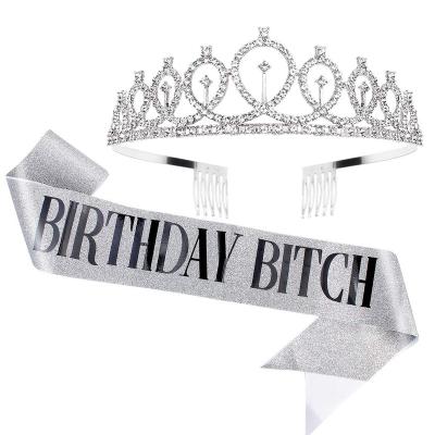 China Zinc Alloy +ployster Birthday Crown For Women Birthday Sash Silver Tiara For Women Princess Crown Rhinestone Crystal Decor Party Supplies for sale