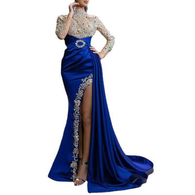 China TaoYan 2022 Washable Blue Beaded High Sleeve Evening Dress Long Slit Maxi Party Prom Dresses for sale