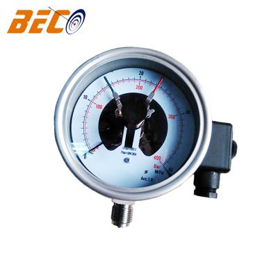 China Beco 100mm High Quality Industrial Contact 400Bar Electric Pressure Gauge Stainless Steel Case With 2 Contacts for sale