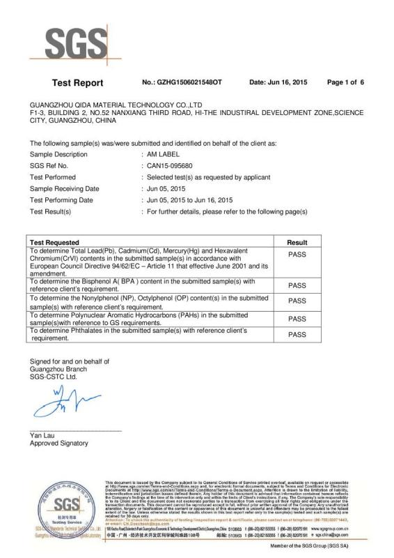 SGS TEST REPORT - Guangzhou QIDA Material & Technology Co., Ltd