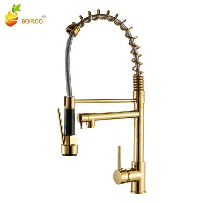 China BOiROO Brass Gold Stainless Steel Spring Faucet Kitchen Sink Sense Faucets 360 Degree Rotating Pull Down Sprinkler Faucet for sale