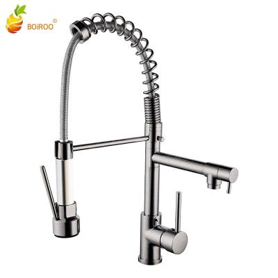 China BOiROO Brass Nickel Brushed Single Hole Switch Spring Sense Faucets Double Pull Down Shower Kitchen Sink Faucet Hot And Cold Mixed Water for sale