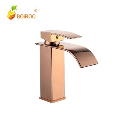 China BOiROO Rose Gold Brass Stainless Steel Metered Bathroom Sink Taps Hot And Cold Water Single Hole Single Handle Waterfall Basin Faucet for sale