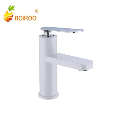 China BOiROO Hot Selling White Brass Single Handle Single Hole Mixer Taps Round Body Metered Minimalist Roundness Pedestal And Outlet Rotary Basin Wash Faucet for sale