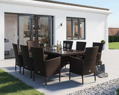 China 8 modern rattan garden chairs and rectangular dining table set in chocolate and cream for sale