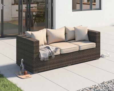 China Modern Scarf 3 Seater Rattan Garden Sofa In Premium Truffle Brown And Champagne With Outdoor Cover And Cushion for sale