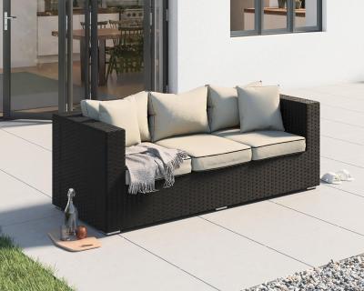 China Modern Kerchief 3 Seater Rattan Garden Sofa In Black And Vanilla With Outdoor Cushion Cover for sale