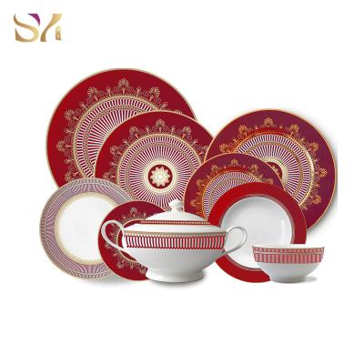 China Sustainable Unique Blue And Gold Chinese Tableware Sets Luxury Dishes Set Red Ceramic Tableware Wedding for sale