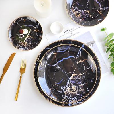 China Disposable Gold Rim Marble Dinner Dish Sets, Ceramic Restaurant Bone China Dinnerware Set for sale