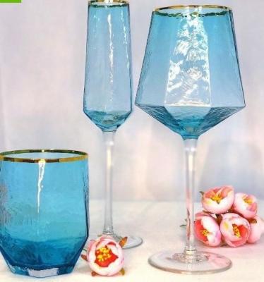 China Wholesale KOREAN Colorful Blue Wine Glass Goblets Gold Rim Drinking Glasses for sale