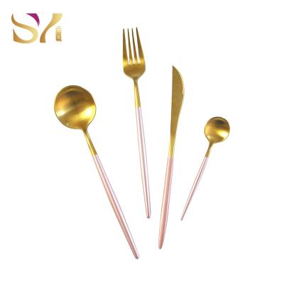 China Wholesale Stocked Rose Gold Stainless Steel Fork and Spoon Sets Flatware Dinnerware Sets 4 Pieces for sale