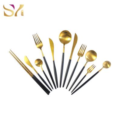 China 10 Piece Stainless Steel Forks And Spoons Knives Sets Flatware Black And Gold Stocked Part for sale