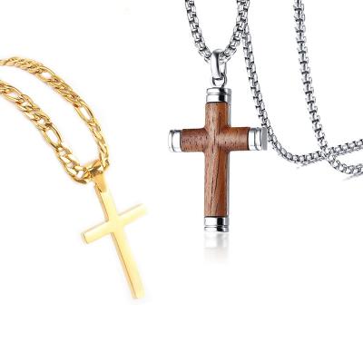 China Wholesale CLASSIC Simple Simple Cross Pendant Necklace from Energinox Christian Jesus Rose Wood Inlay Stainless Steel for Men 20 Inches Chain for sale