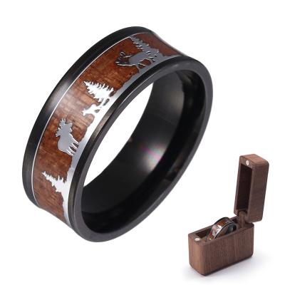 China 2020 Male Party Wooden Wedding Band Inlay Christmas Gift Deer Romantic Black Hunting Ring Stainless Steel With Unique Gift Box for sale