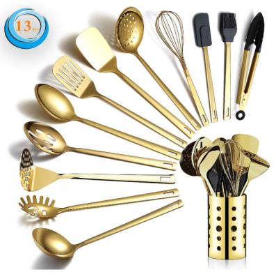 China Sustainable Gold Cookware Set Stainless Steel 13 Piece Kitchen Utensil Set for sale