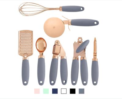 China Durable 7 PC Kitchen Gadget Set Copper Coated Stainless Steel Utensils Soft Touch Gray Handle for sale