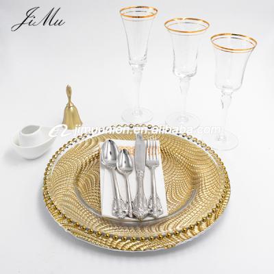 China Modern Antique Wedding And Events At Cheap Wholesale Hotel Restaunrant Luxury Mounted Gold Silver Glass Beaded Clear Charger Dishes for sale