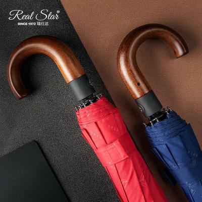 China Real Star 2021 New J Morden Luxury Wood Handle Umbrella Automatic Open Curved RST Tall & Narrow Handle 10 Ribs Storm 3 Fold Strong Umbrella for sale