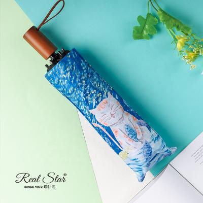 China Morden RST Real Star Luxury Quality Fully UV Protect Retro European Style Cat Oil Painting Wooden Handle Reinforced Ribs Fold Umbrella for sale