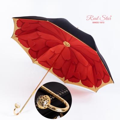 China Real Star Morden Star Double Layer Luxury Straight Diamond Umbrella Gold Handle RST Umbrella With Box for sale