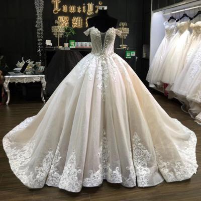 China LUWEIYA Anti-Static Shining Gorgeous Beaded Champagne Cathedral Train Off-Shoulder Bridal Wedding Dress for sale