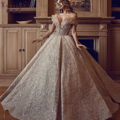 China New Designs Women Anti-static Beaded Princess Ball Gown Off The Shoulder Wedding Dress Bridal Gowns vestidos de novia corto for sale