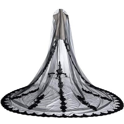 China Gothic Wedding Tulle Cathedral Lace Edge Luweiya Black Lace Veil Mantilla Hair Accessory Halloween Creative Sheer Long Veil For Bride for sale