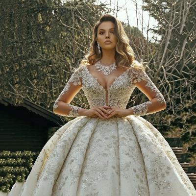 China Anti-Static See Through Long Sleeves A Line Ball Gown Fashion Lace Bride Embroidered Pearl CZ Diamond Wedding Dress for sale