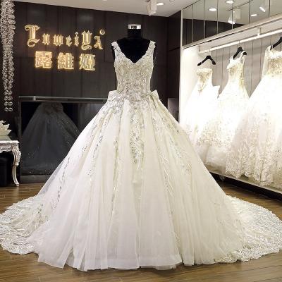 China Long Tail Anti-Static Sleeveless Women Dress To Wedding Beaded V-Neck Bridal Vestiti DA Sposa Tie Bow Knot Wona Lace for sale