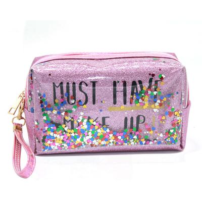 China Fashion border women's Korean alphabet printing laser makeup bag glitter PVC quicksand makeup bag can be determined LOGO for girl for sale