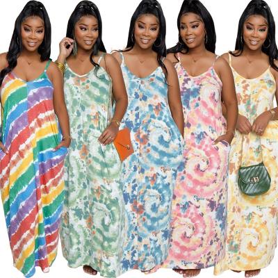 China Anti-Static Colorful Printing Loose Sling Dress For Women Summer Beach Casual Sexy Sleeveless Maxi Dresses With Pocket for sale