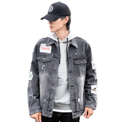 China Autumn and winter new men's jacket fashion loose men's viable denim jacket customized hole patch denim jacket for sale