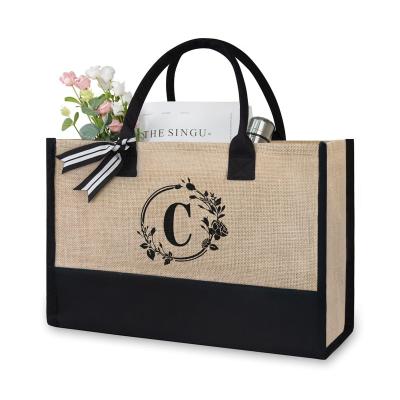 China Reusable Hot Sale Letter Jute Handbag Shopping Tote Printed Custom Logo Tote Bag Large Capacity Jute Shopping Bag for sale