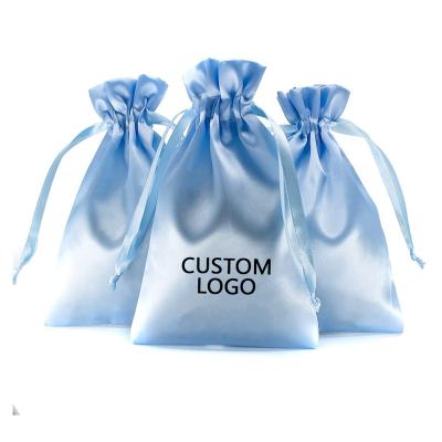 China Custom Logo Jewelry Cosmetics Gift Storage Silk Satin Hair Bundle Bags Wig Bag Hair Bundle Pouch Drawstring Jewelry Bag Pink Custom Satin Bag for sale