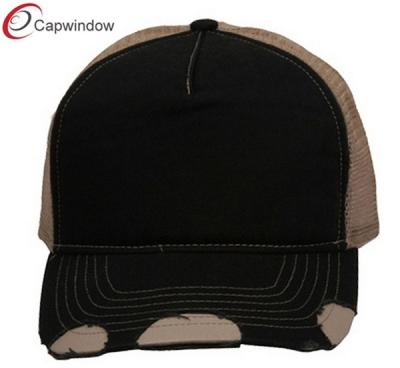 China Frayed Black Khaki Trucker Mesh Cap ， Plastic Snap / Hand Wash Trucker Mesh Hats for sale