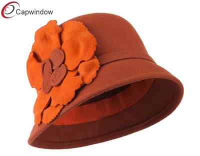 China Rust Flat Flower Wool Felt Cloche Hat / Fisherman Bucket Hat for Women for sale