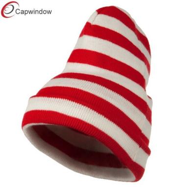 China Acrylic Beanie Winter Hats , Red White Wide Stripe Cuff Knitted Hat for sale