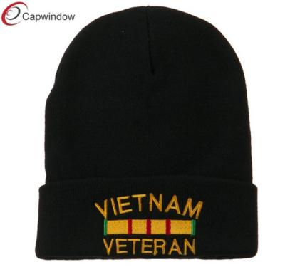 China Long Knitted Acrylic Beanie Winter Hats Black Vietnam Veteran Embroidered for sale