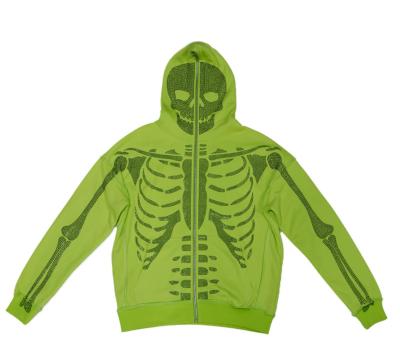 China Free Sample Anti-Wrinkle Custom Skeleton Rhinestone Design Baby Green Logo Sweatshirt Unisex Hoodie for sale