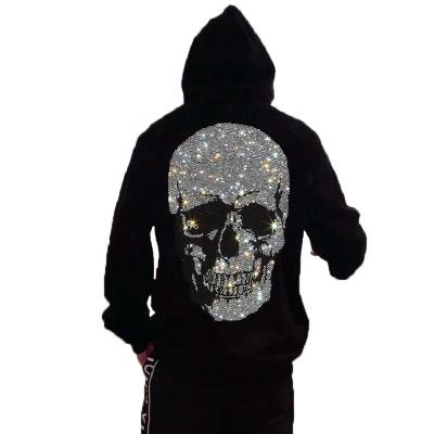 China Anti-Wrinkle Black Hoodie Rhinestone Skeleton Skull Transfer Drawstring Sweatshirt Gothic Men's Hoodies for sale