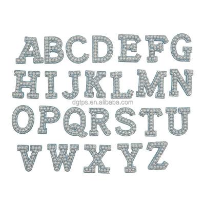 China Viable Blue Bottom Heat Shiny Custom Rhinestone Bead Letter Patches For Bags for sale